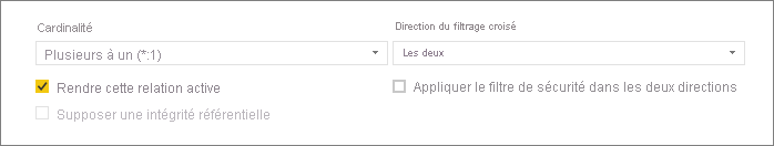 Capture d’écran de la partie inférieure de la boîte de dialogue Créer une relation montrant les options Cardinalité et Direction du filtre croisé.