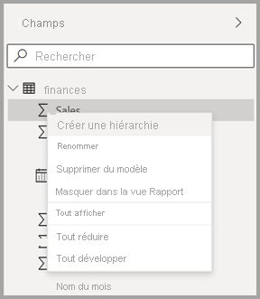 Capture d’écran du nouveau menu contextuel d’un champ dans Power BI Desktop.