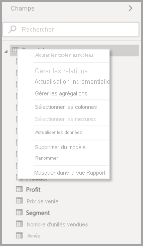 Capture d’écran du menu contextuel d’origine d’un tableau dans Power BI Desktop.