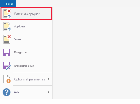 Capture d’écran de Power BI Desktop montrant l’option Fermer et appliquer sous l’onglet Fichier.
