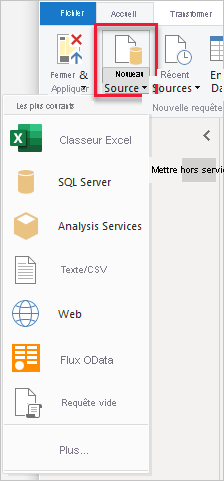 Capture d’écran de Power BI Desktop montrant le bouton Nouvelle source.
