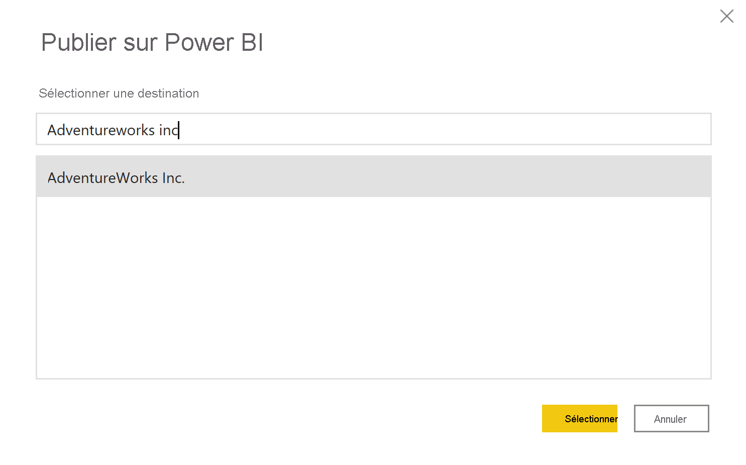 Capture d’écran de la publication du rapport sur le service Power BI.