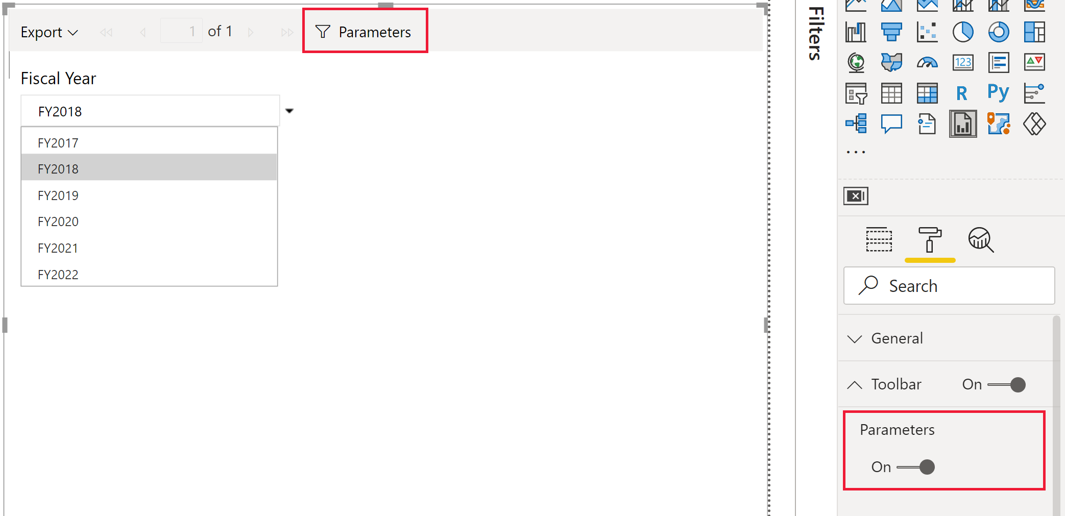 Capture d’écran de l’option Paramètres dans la barre d’outils du rapport paginé.