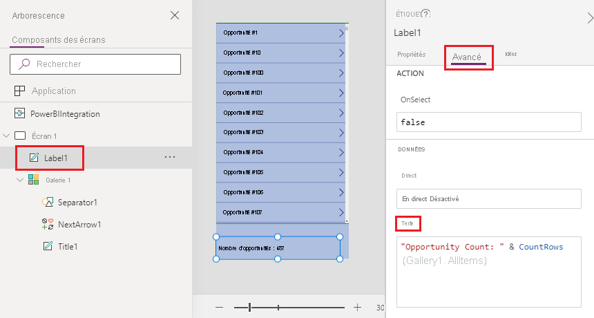 Capture d’écran de Power Apps et du visuel redimensionné.