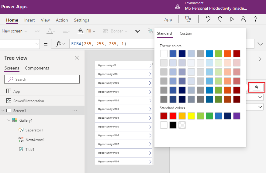 Capture d’écran montrant la palette de couleurs utilisée pour définir la propriété Remplir.