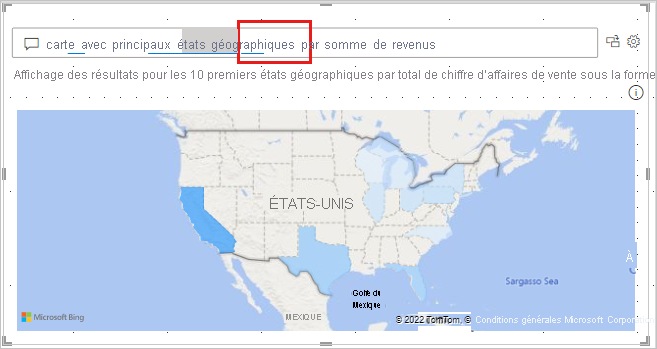 Capture d’écran montrant le visuel Q&A converti en carte remplie sur le canevas du rapport.