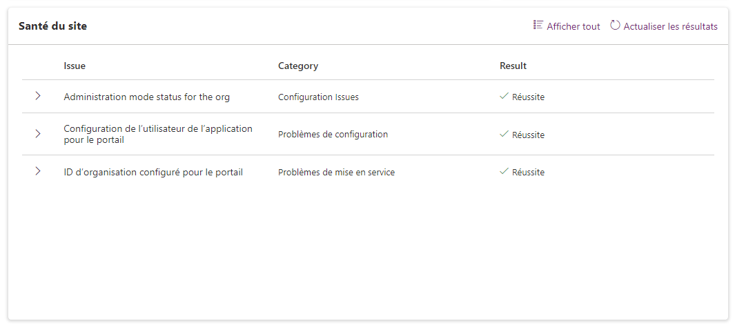 Grille de résultats du vérificateur du site.