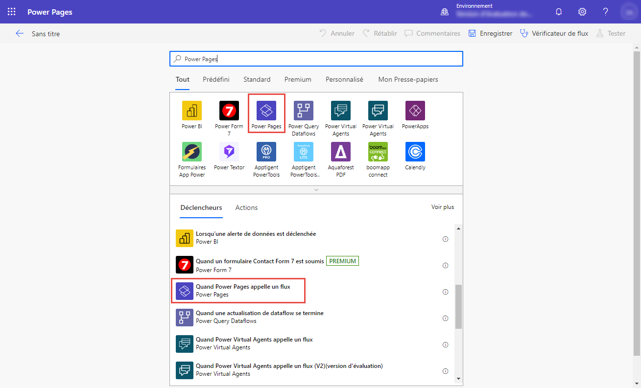 Sélection des options Power Pages dans Power Automate.