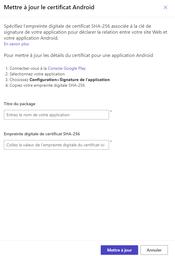 Mise à jour des détails du certificat Android.