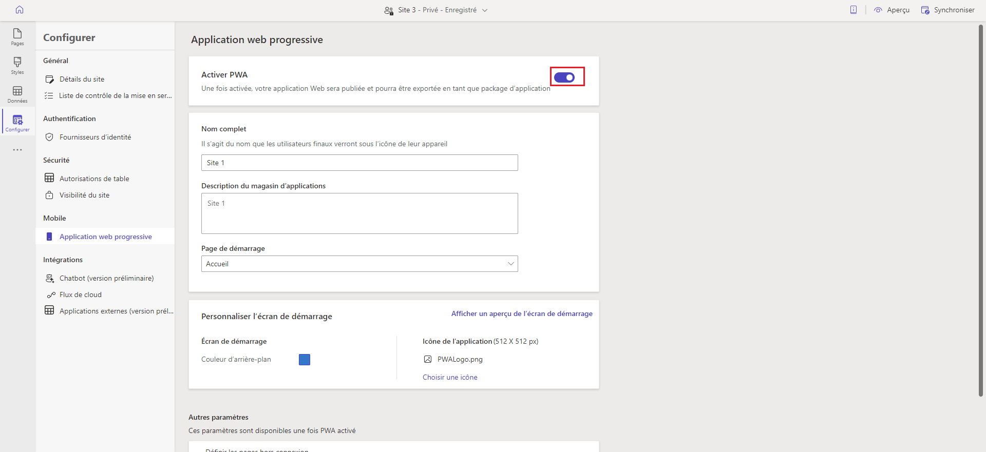 Activez l’application web progressive à partir de l’espace de travail Configurer.