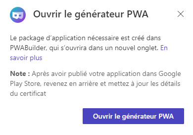 Ouverture du générateur PWA pour créer un package d’applications dans le Studio des portails.