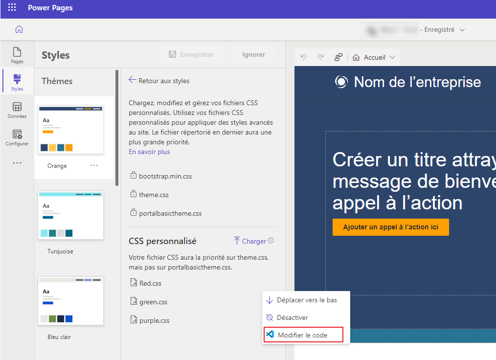 Modifier le code depuis CSS personnalisé.