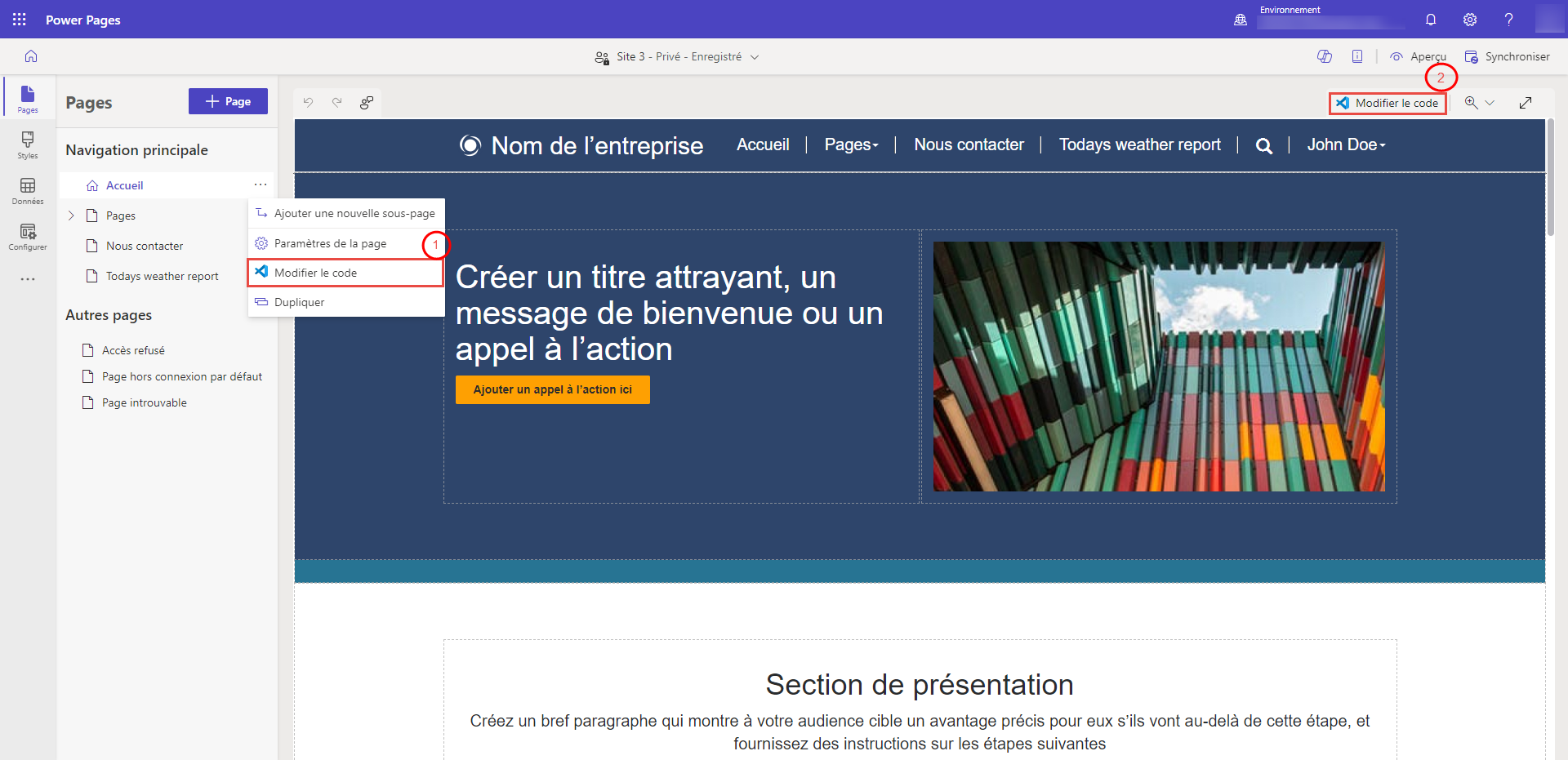 Modifier le code depuis l’espace de travail Pages.