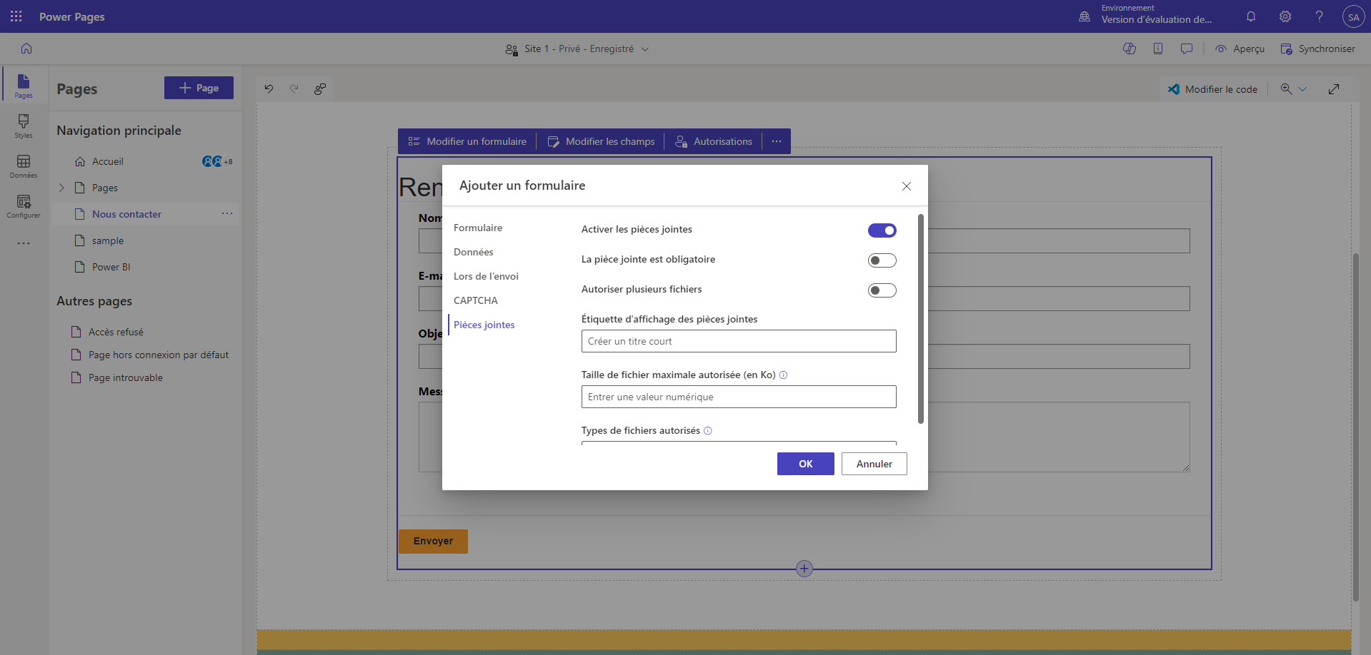 Options de menu pour activer les pièces jointes sur un formulaire.