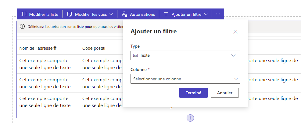 La fenêtre contextuelle Ajouter un filtre dans l’espace de travail Pages.