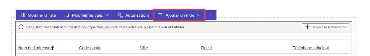 La barre d’outils de liste à l’intérieur de l’espace de travail Pages avec l’élément de menu Ajouter un filtre en surbrillance.