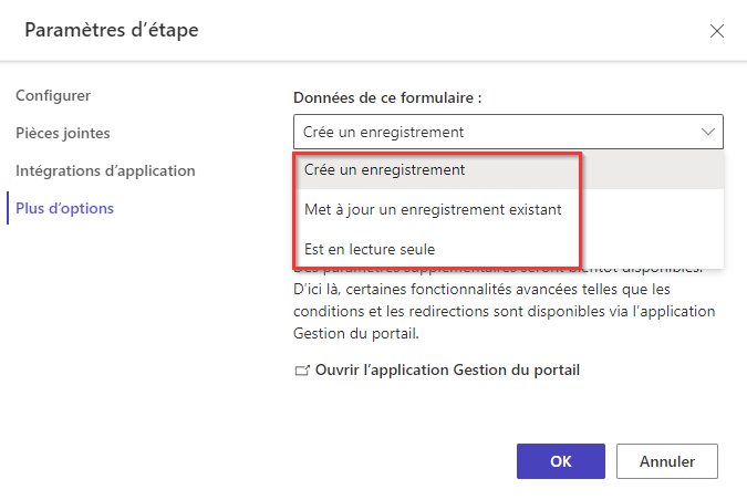 Capture d’écran du mode étape qui définit si l’étape doit être créée, mise à jour ou en lecture seule.