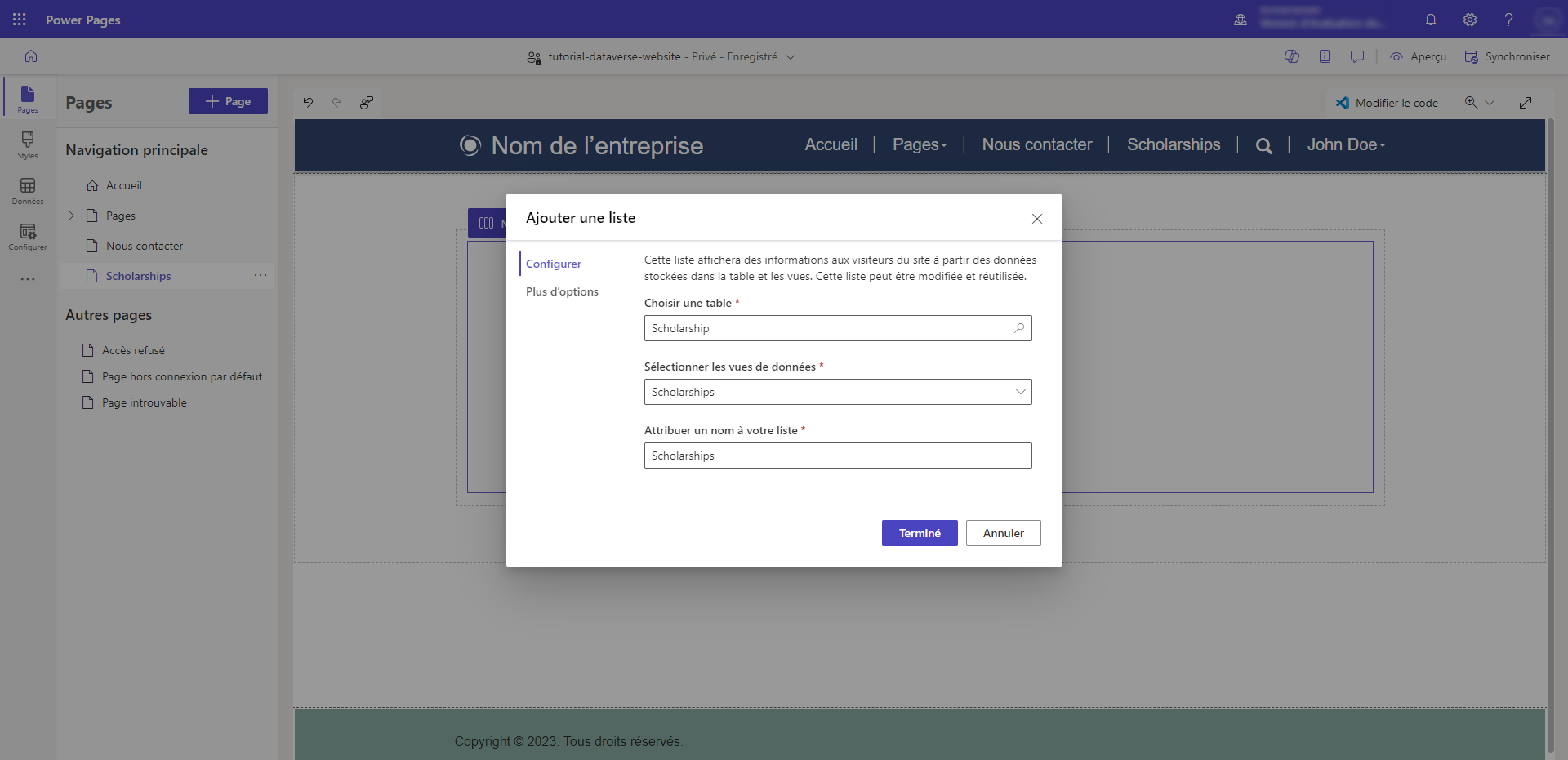 Configurer les propriétés de liste.