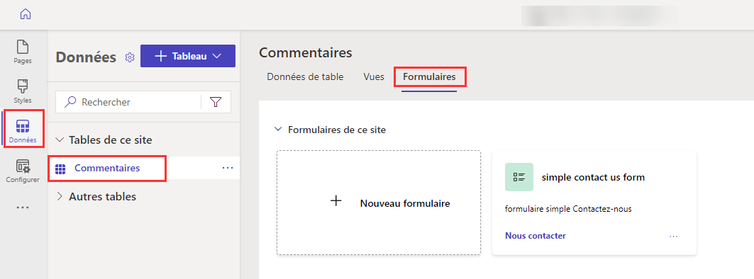 L’option de menu des formulaires pour la table des commentaires dans l’espace de travail Données.