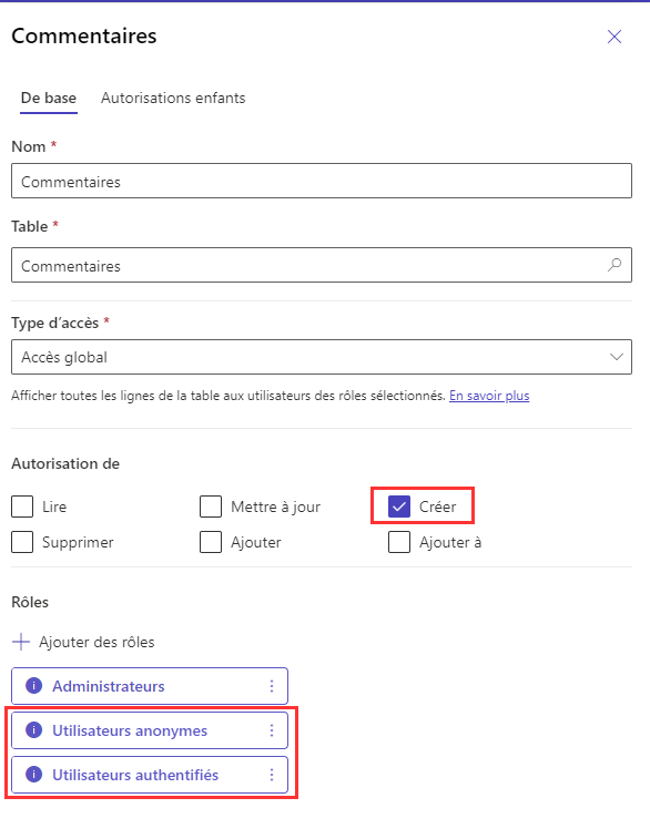 Options de définition des autorisations de commentaires.