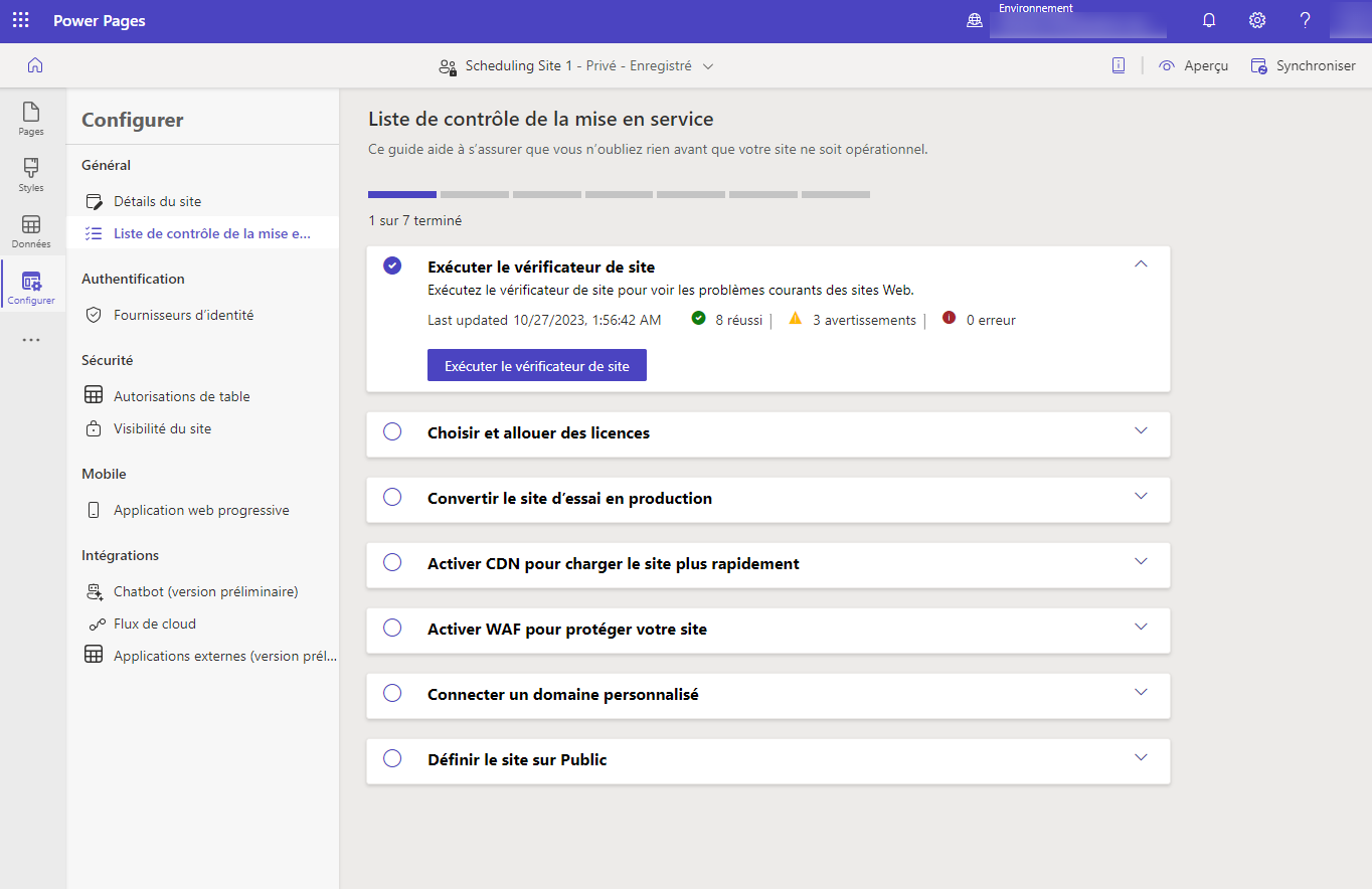 Option Liste de contrôle de la mise en service dans l’espace de travail Configurer.