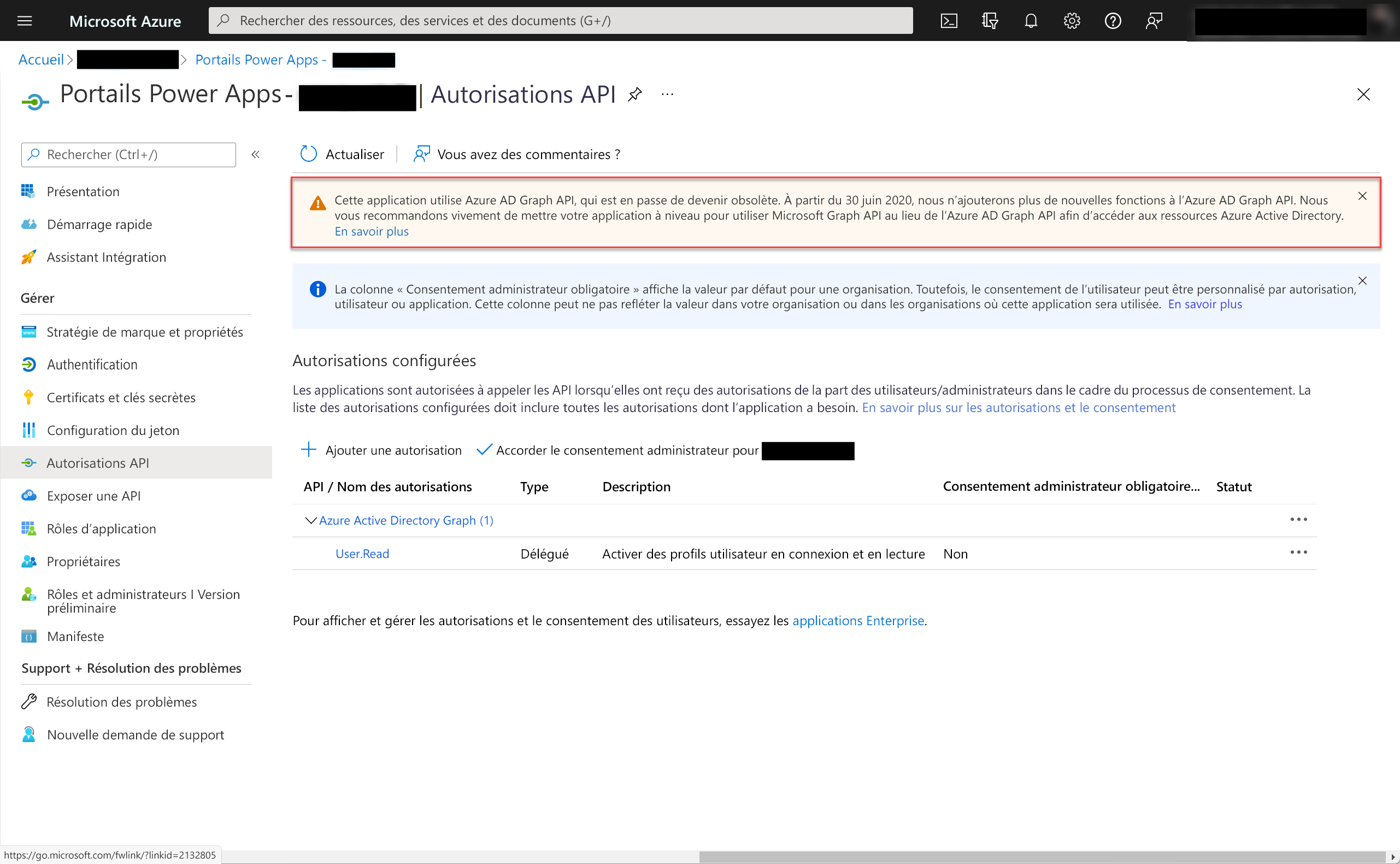 Configuration de l’API Graph Azure AD.