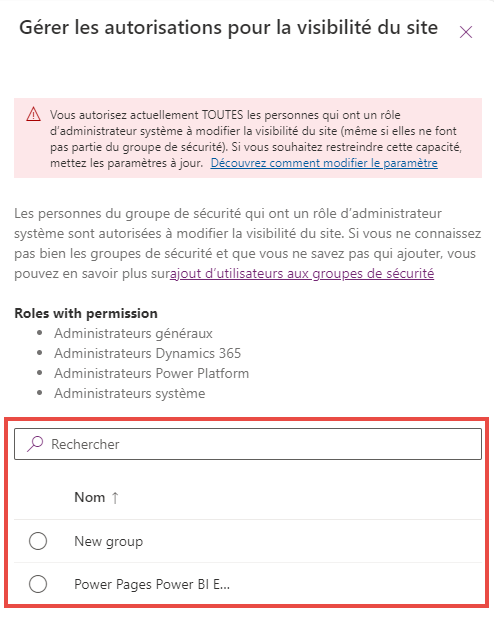 Capture d’écran de la page de l’option Gérer les autorisations pour la visibilité du site, avec Choisir un groupe de sécurité en surbrillance.