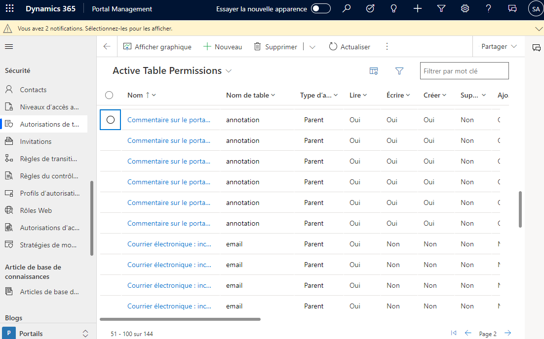 Accès aux autorisations de table à l’aide de l’application Gestion du portail.