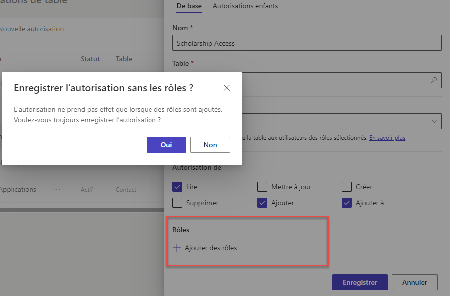 Enregistrement d’une autorisation de table sans aucun rôle Web associé.