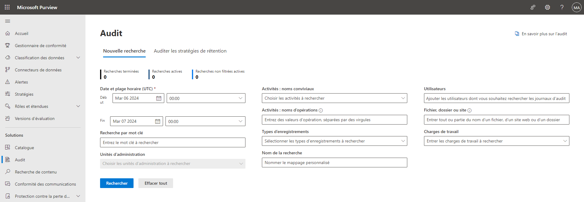 Microsoft Page d’audit de recherche Purview