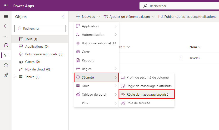 Capture d’écran illustrant l’emplacement du bouton Règle de masquage sécurisé dans Power Apps.