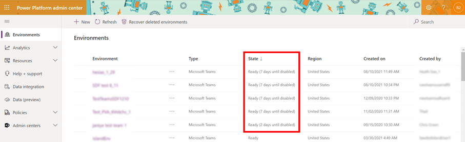 Capture d’écran de la page de la liste des environnements dans le centre d’administration Power Platform, avec la colonne d’état de l’environnement en surbrillance.