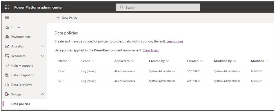 Capture d’écran de la page des stratégies de données dans le centre d’administration de Power Platform.