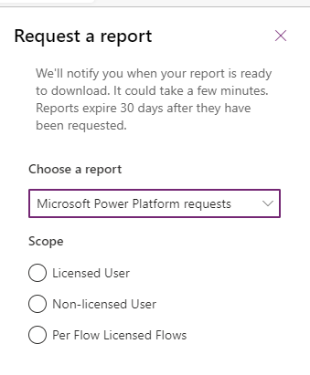 Capture d’écran montrant le menu déroulant pour les rapports de Power Platform demandes.