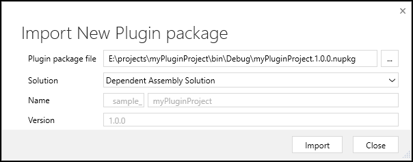 Boîte de dialogue pour importer un nouveau package de plug-in.