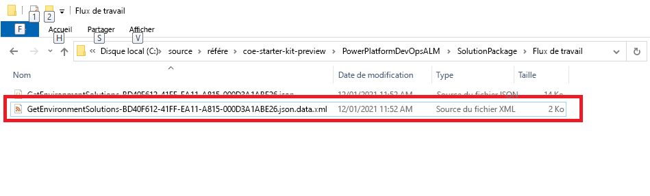 Capture d’écran d’un fichier XML de workflow de solution décompressé.