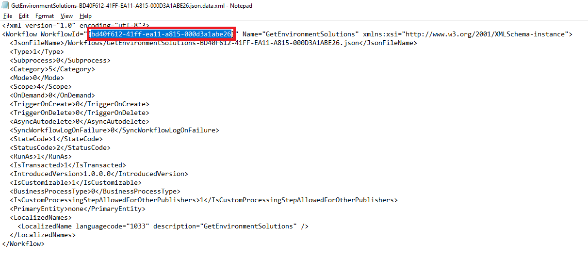 Capture d’écran d’un XML de flux de travail de solution décompressé indiquant le WorkflowId.