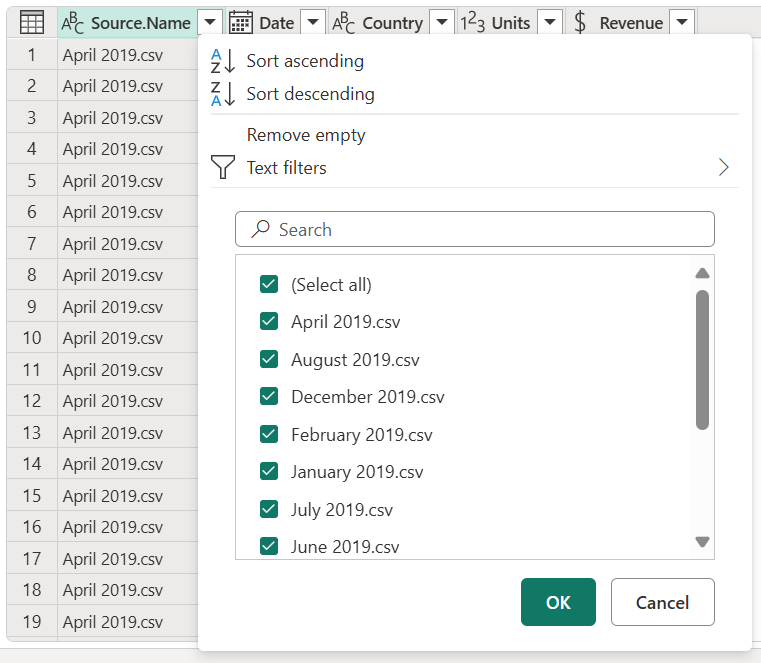 Capture d’écran de la boîte de dialogue de filtre avec la liste complète des fichiers combinés.