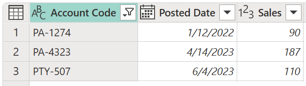 Capture d’écran de l’exemple de table de sortie pour l’opération Filtrer les lignes de base qui contient uniquement des codes compte qui commencent par PA ou PTY.