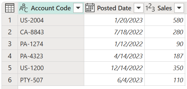 Capture d’écran d’un exemple de table contenant des codes compte qui commencent par deux ou trois caractères différents.