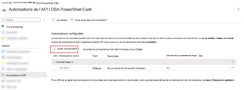 Sélectionnez Ajouter une autorisation dans la page Autorisations de l’API de l’application.