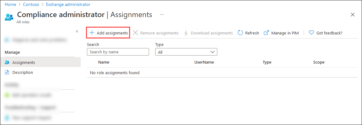 Sélectionnez Ajouter des attributions dans la page Attributions de rôles pour Sécurité & Conformité PowerShell.