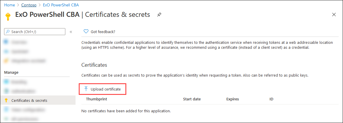 Sélectionnez Charger le certificat dans la page Certificats & secrets.