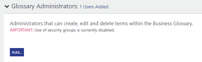 Administrateurs de glossaire développé et le bouton Ajouter mis en surbrillance.
