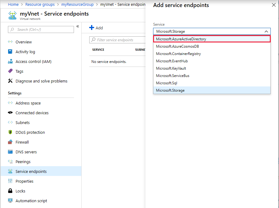 Sélectionner le point de terminaison fournisseur Microsoft.AzureActiveDirectory