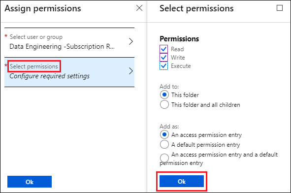 Capture d’écran du panneau Attribuer des autorisations avec l’option Sélectionner des autorisations mise en évidence, et du panneau Sélectionner des autorisations avec l’option OK mise en évidence.