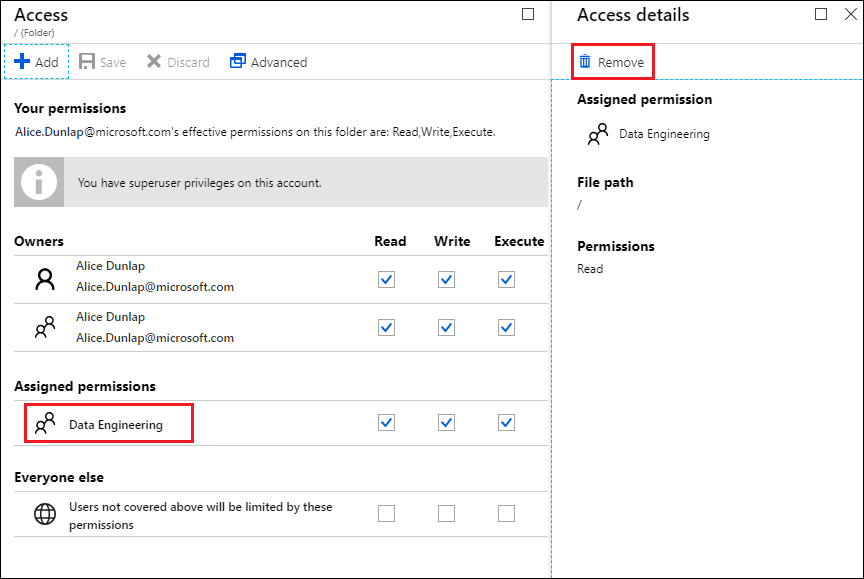 Capture d’écran du panneau Accès avec l’option Engineering données mise en évidence, et du panneau Détails de l’accès avec l’option Supprimer mise en évidence.