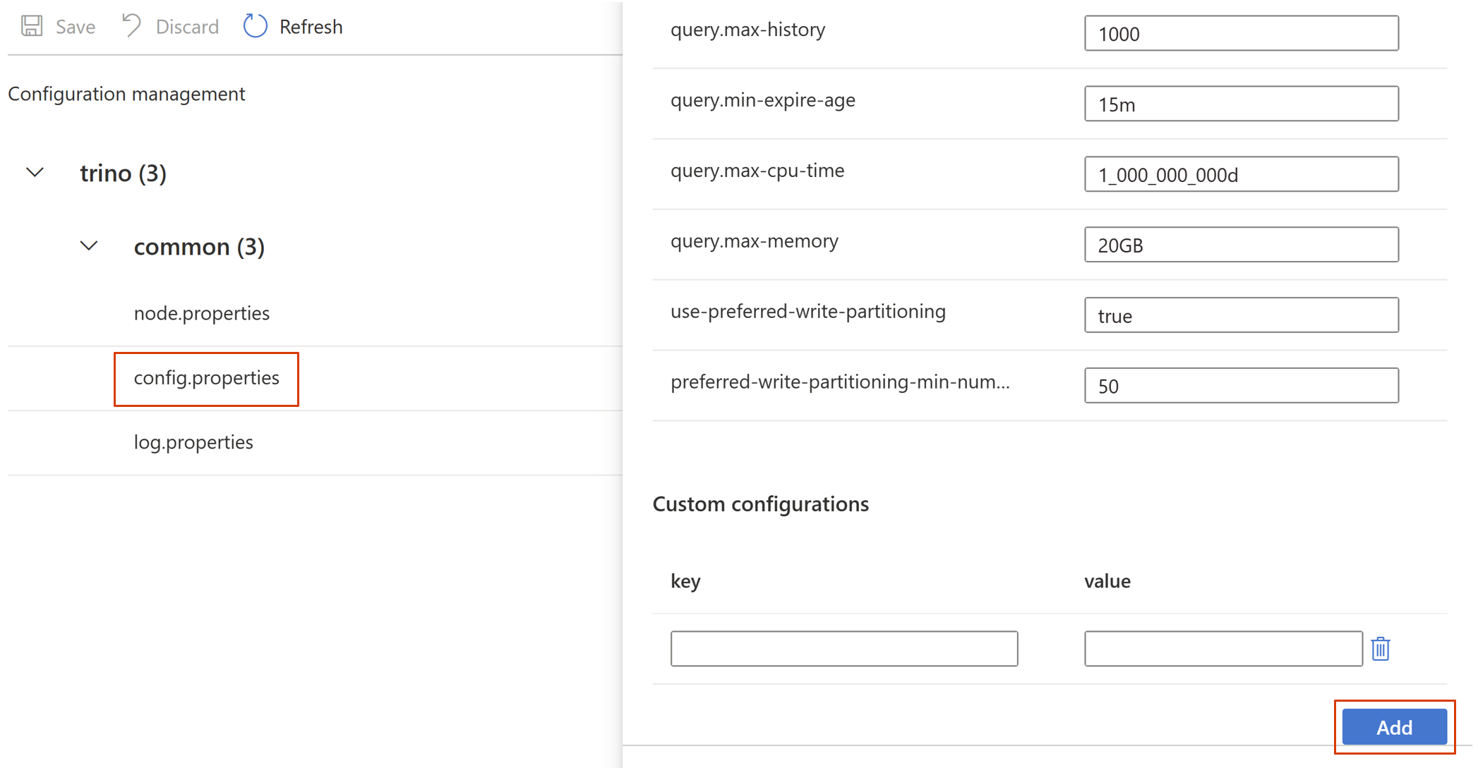 Capture d’écran montrant la configuration personnalisée.