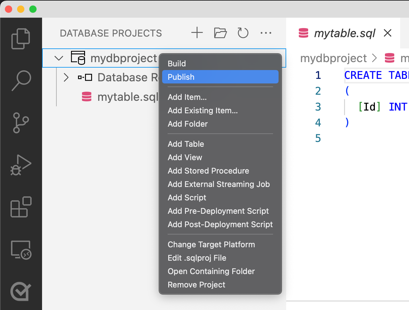 Capture d’écran montrant la sélection de Publier dans le menu Projet SQL Database dans Visual Studio Code.