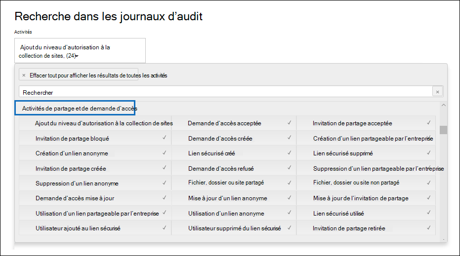 Sous Activités, sélectionnez Activités de demande de partage et d’accès.